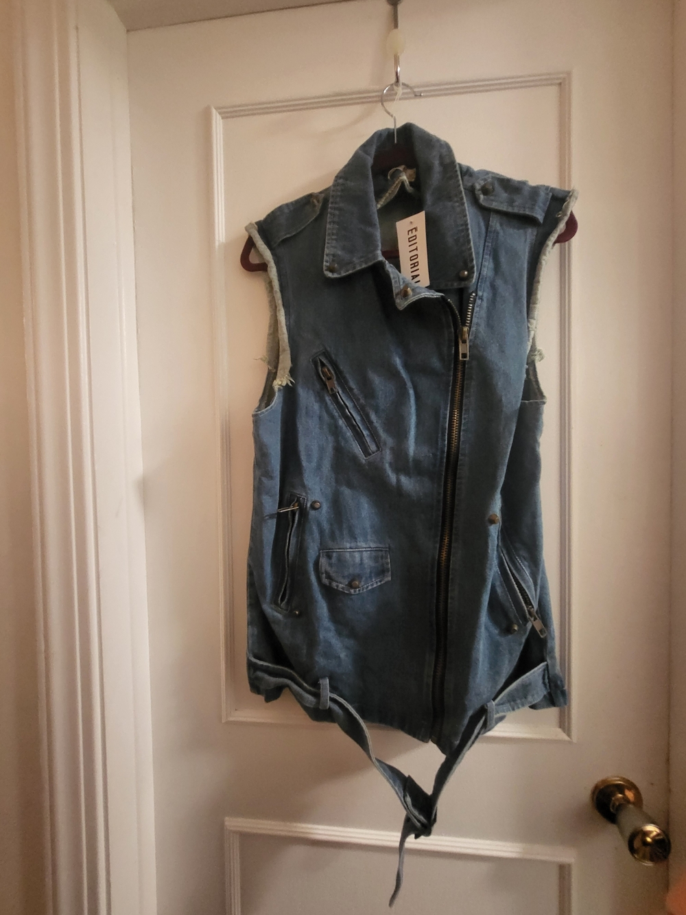 REHAB Denim Distressed Motorcycle Jean Vest Sleeveless Jacket S